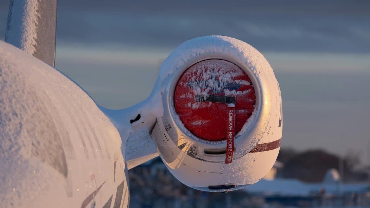 Airplane engine covered in snow at sunrise, showcasing winter aviation scene. Remove Before Flight tag visible.