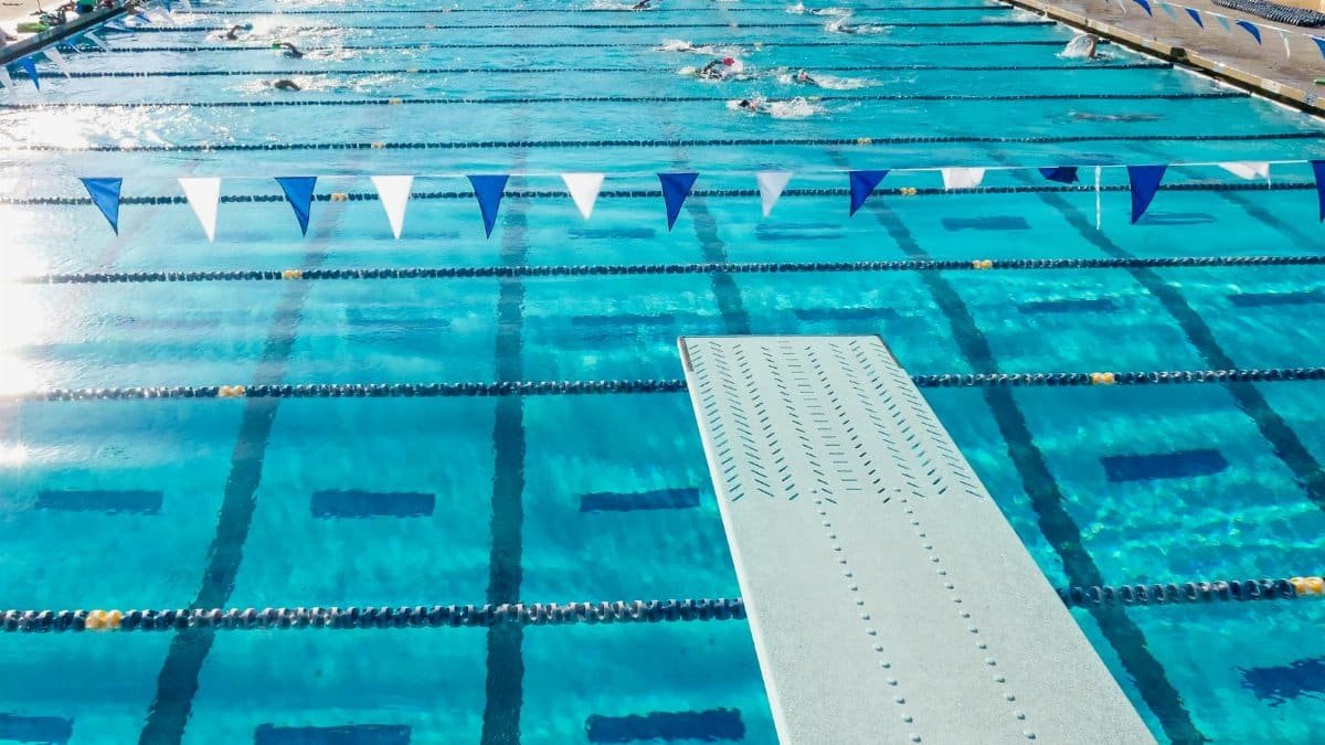 Aerial perspective of an Olympic-size swimming pool showing lanes and diving board in sunny California.