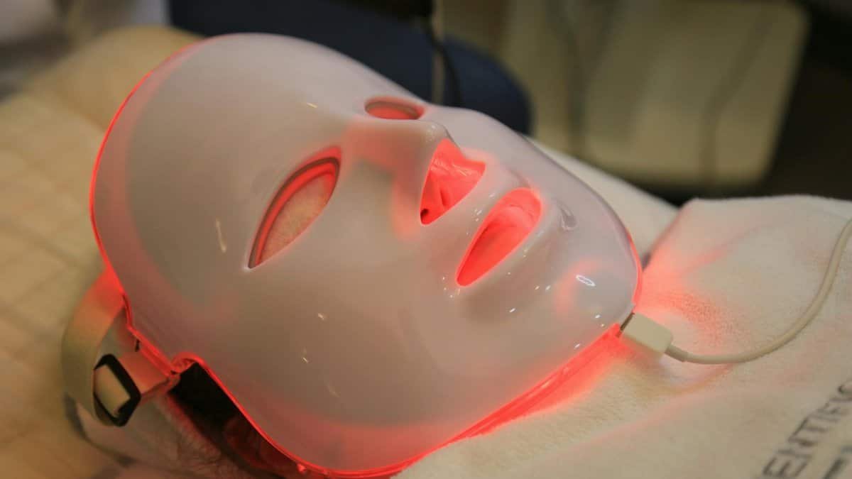 Close-up of an LED light mask used in modern skincare treatments.
