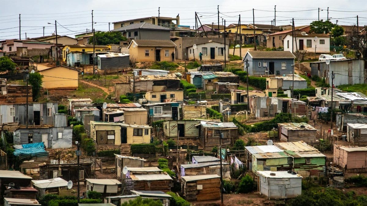 Captivating aerial photo showcasing a densely packed informal housing settlement.
