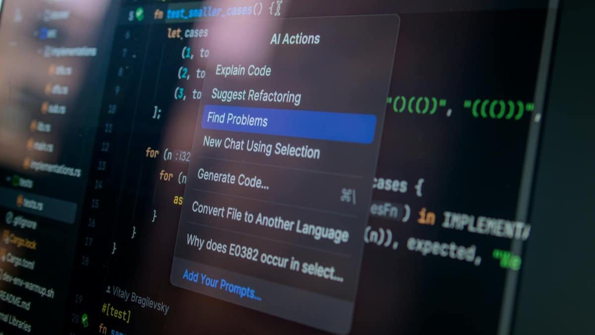 Detailed view of a computer screen displaying code with a menu of AI actions, illustrating modern software development.