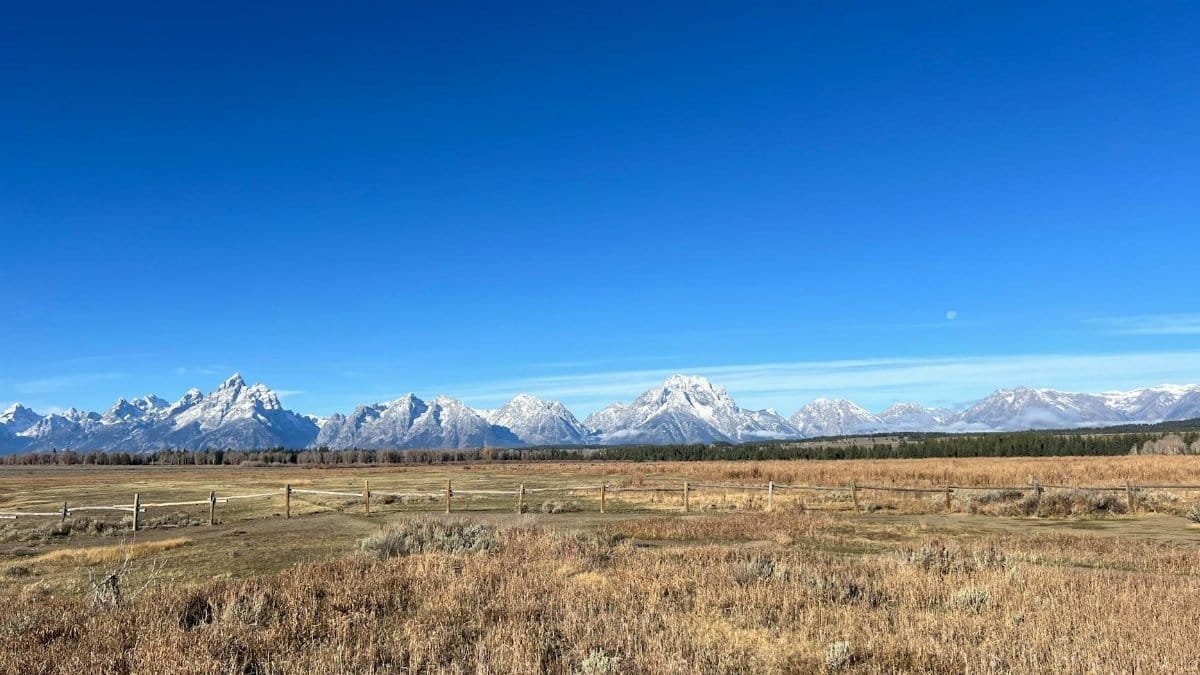 Breathtaking landscape of the Grand Tetons in Wyoming with clear blue skies and expansive fields.