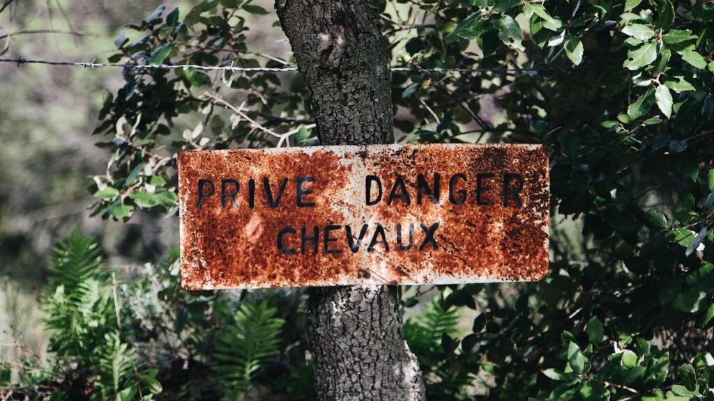 An old French warning sign on a tree amidst lush greenery, indicating danger and private property.