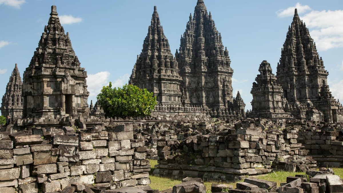 Stunning view of the ancient Prambanan temple complex in Indonesia, showcasing sacred architecture.
