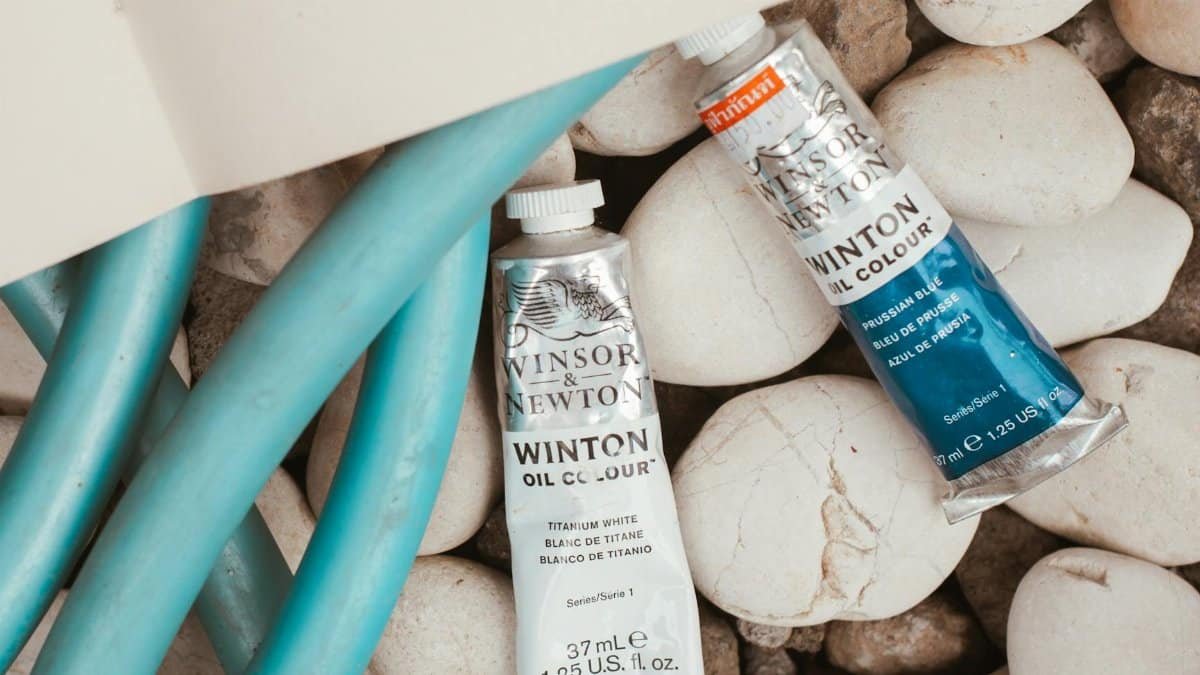 Artistic composition featuring Winsor & Newton oil paint tubes on pebbles.