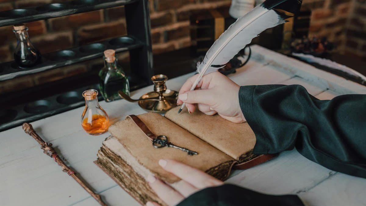 A magical scene with a quill writing in a spellbook, surrounded by potions and wizarding artifacts.