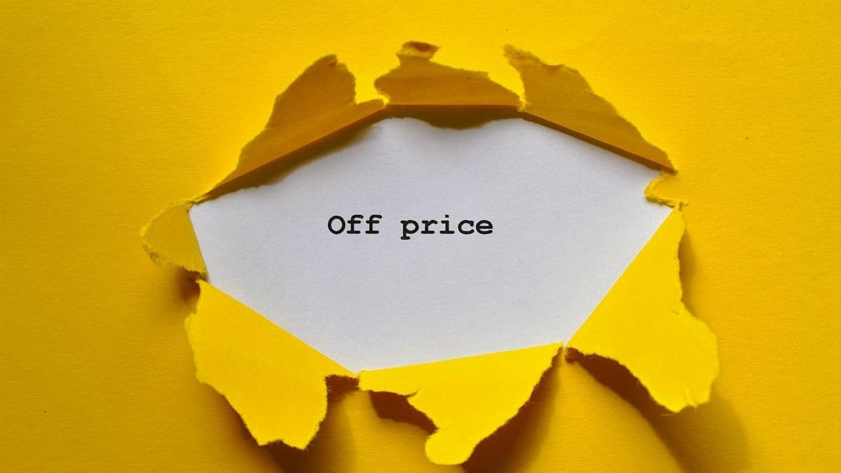 Yellow torn paper revealing 'Off price' for sale and discount promos.