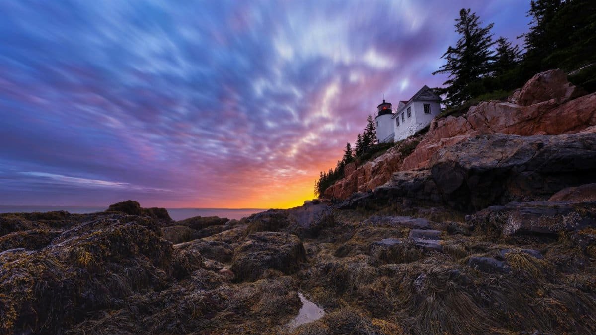 Breathtaking sunset view at Bass Harbor Lighthouse in Southwest Harbor, Maine.