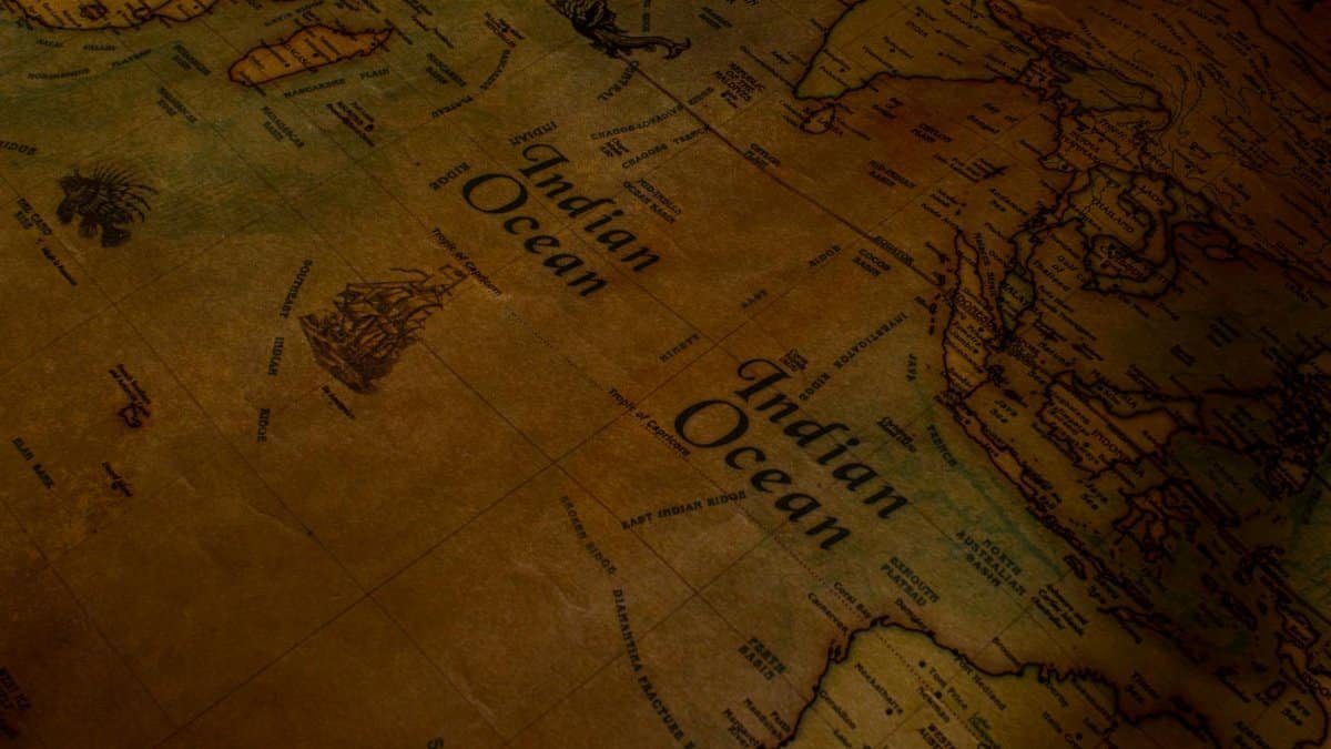 Close-up of a vintage map showing the Indian Ocean with detailed geographic features.
