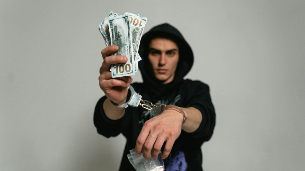 Close-up of a man in handcuffs holding cash and drugs, illustrating crime and illegal activities.