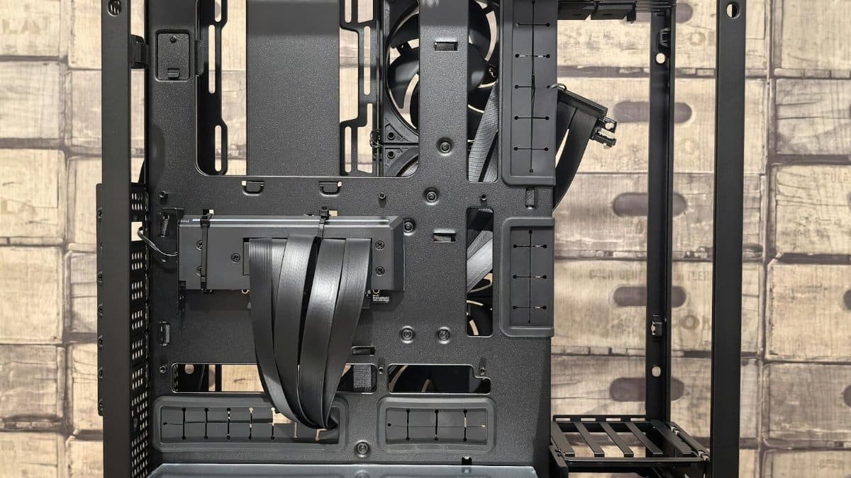 Detailed view of a computer case interior, perfect for tech builds and custom setups.