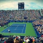 Thrilling tennis match at the US Open with a full stadium of enthusiastic fans.