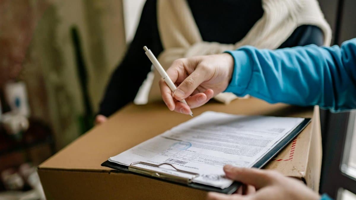 Close-up of a person signing a delivery document placed on a large cardboard box indoors.