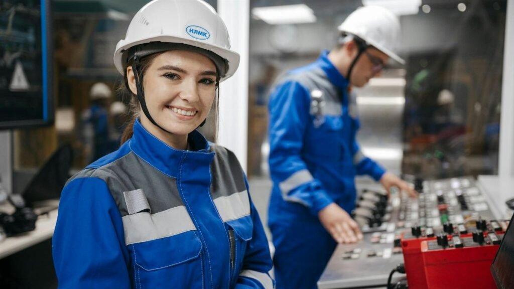 Confident female engineer smiling in an industrial control room. Teamwork and safety in operations.