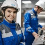 Confident female engineer smiling in an industrial control room. Teamwork and safety in operations.