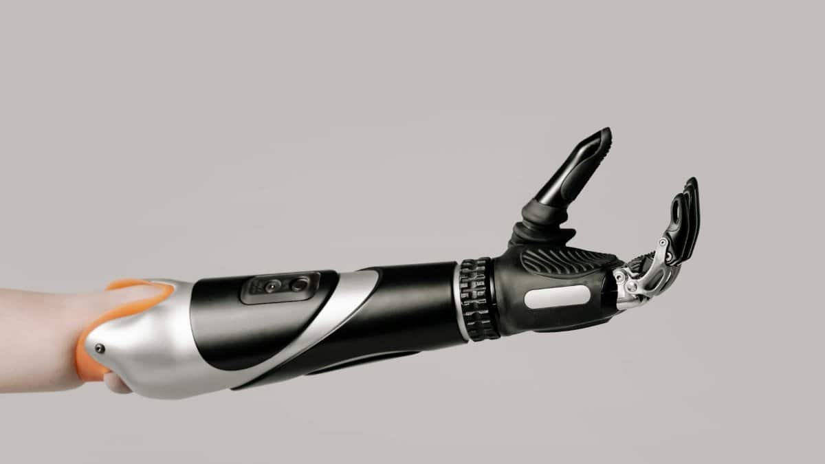 Close-up of a modern prosthetic arm displaying advanced technology and design.