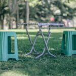 Outdoor park scene with two green chairs and a table on a grassy lawn, surrounded by trees.