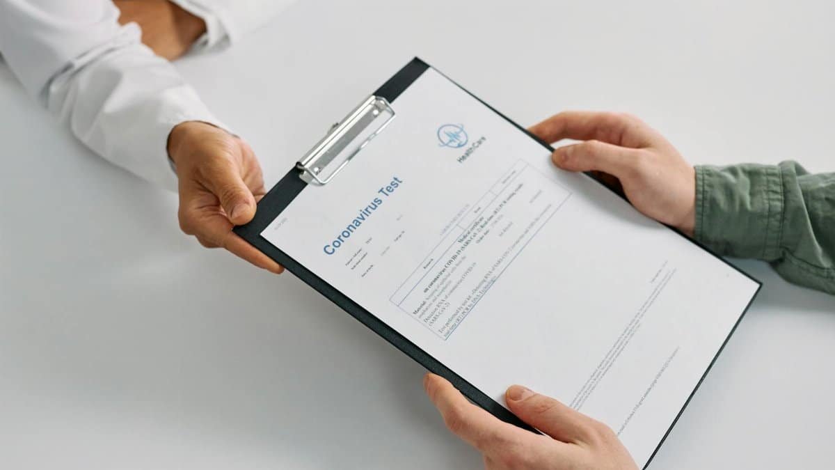 A doctor hands over coronavirus test results to a patient during a consultation in a medical clinic.