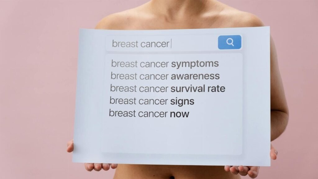 Image showing a person holding a breast cancer awareness sign with search terms.