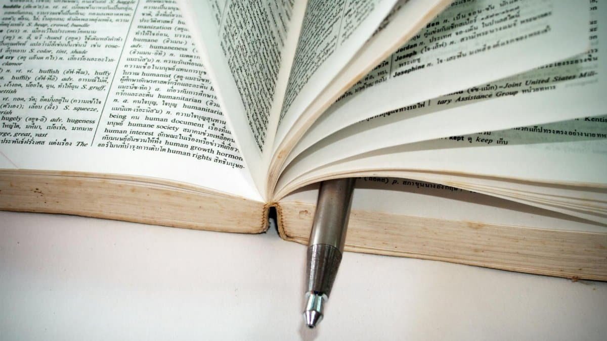 A close-up of an open dictionary with a pen separating the pages for convenient reference.