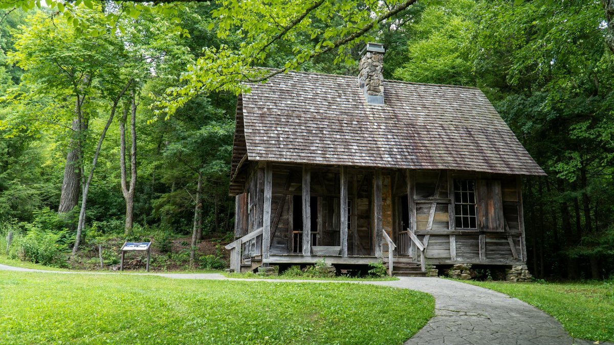 A rustic log cabin nestled in lush green woods, capturing Appalachian heritage.