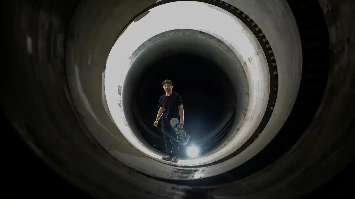A skateboarder poses dramatically in a dark tunnel with a spotlight effect, creating a striking visual.