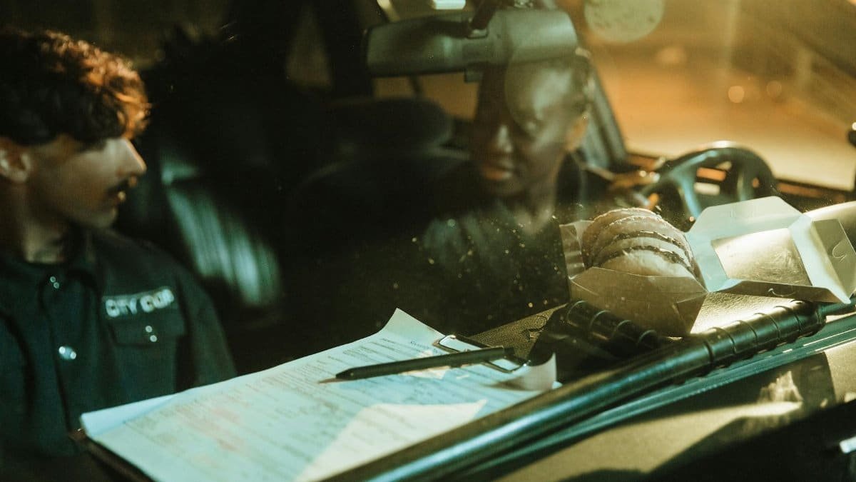 Police officers discussing paperwork inside a car during a nighttime shift, with food boxes on the dashboard.