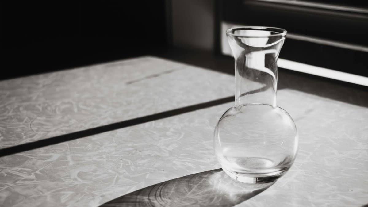 A black and white still life of a glass vase casting a shadow on a textured surface.
