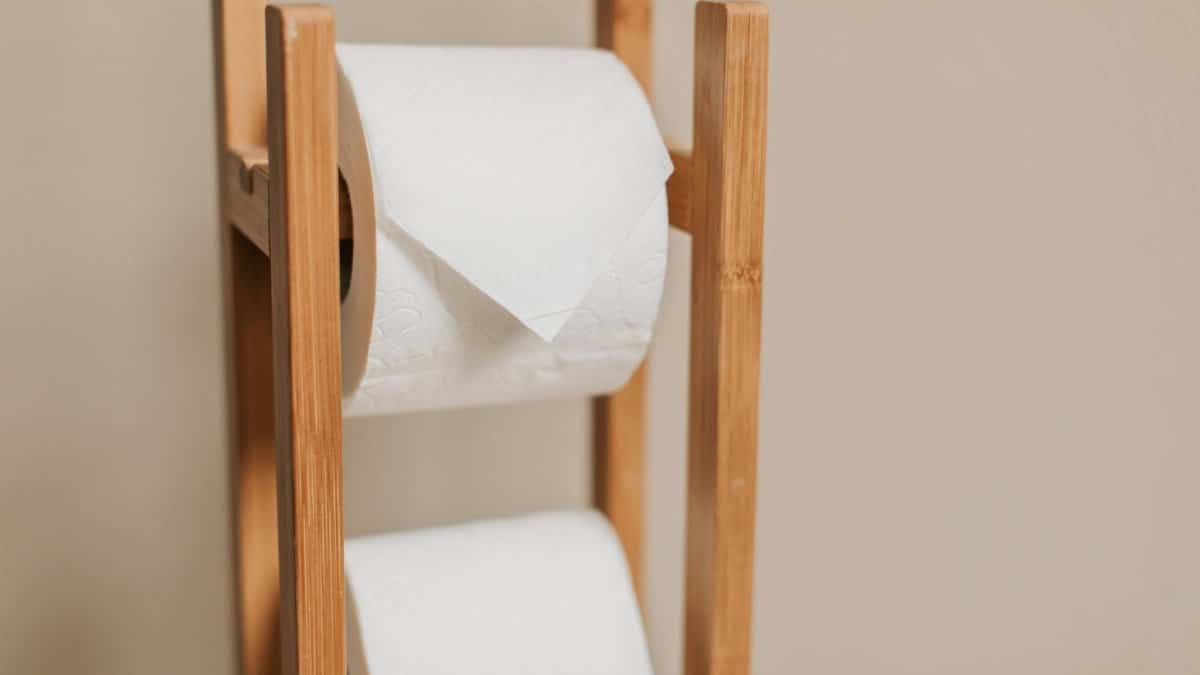 Wooden rack holding two toilet paper rolls in a minimalistic bathroom setting.