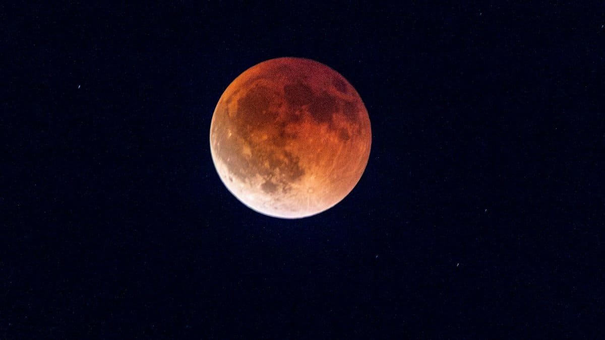 Capture of a total lunar eclipse displaying the moon in a striking red hue against a dark night sky.