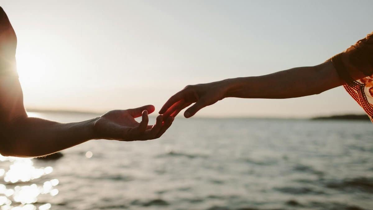 Silhouettes of hands reaching out at sunset over a tranquil sea, symbolizing connection and longing.