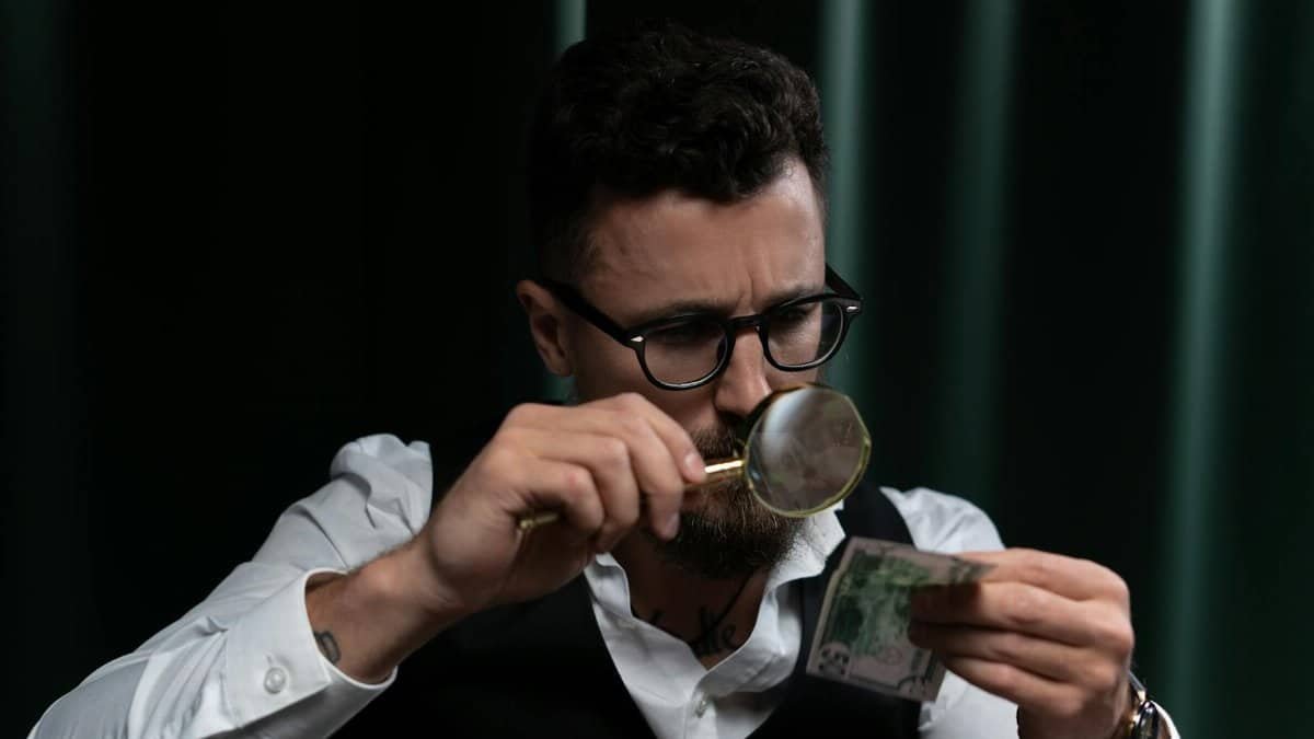 Focused adult inspecting a banknote closely with a magnifying glass indoors.