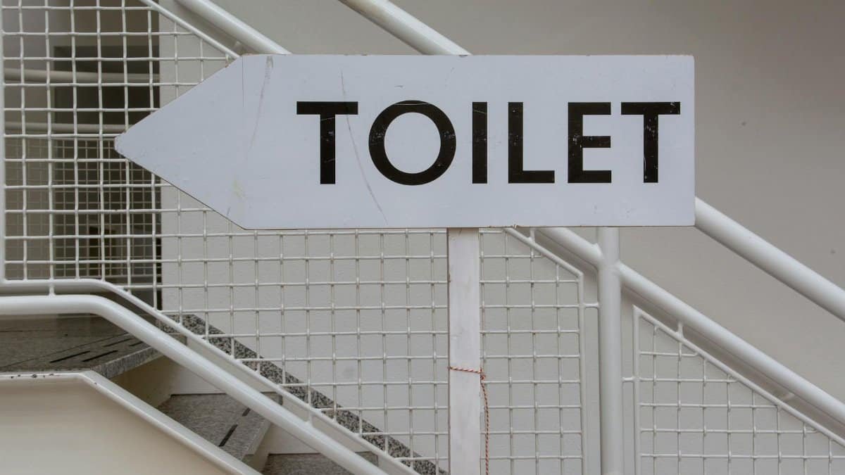 A white directional sign pointing to the toilet, mounted on a modern staircase railing.