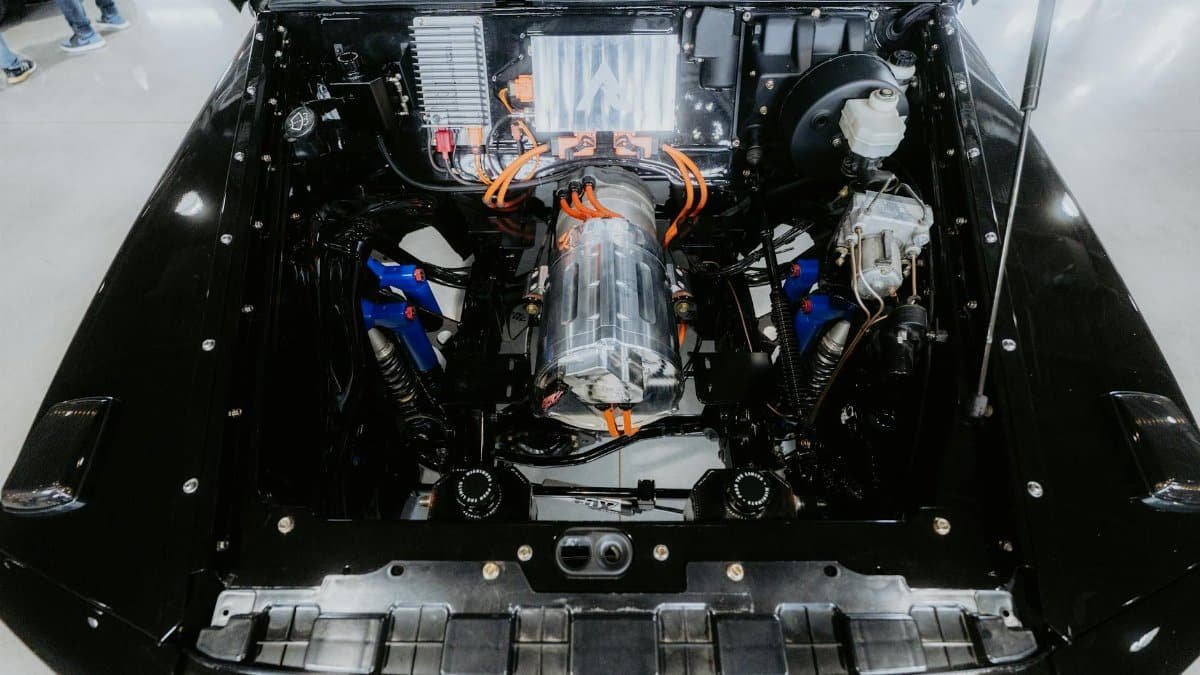 Top view of a modern electric car engine showcasing technical components and design.