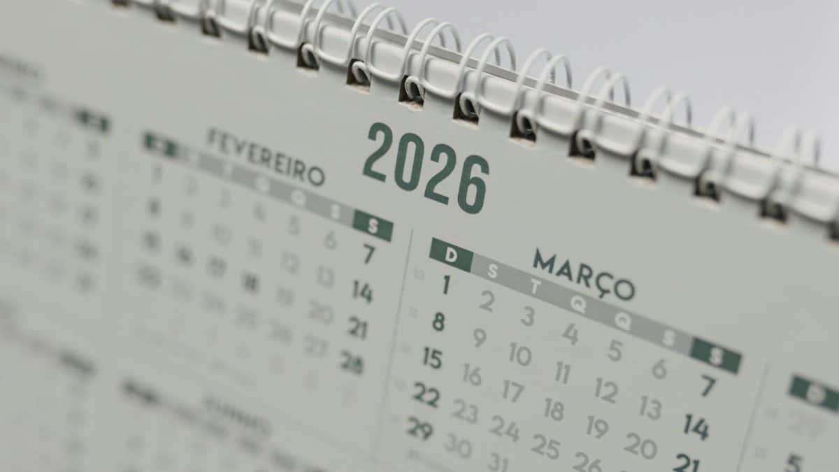 Close-up view of a 2026 spiral-bound desk calendar showing February and March.