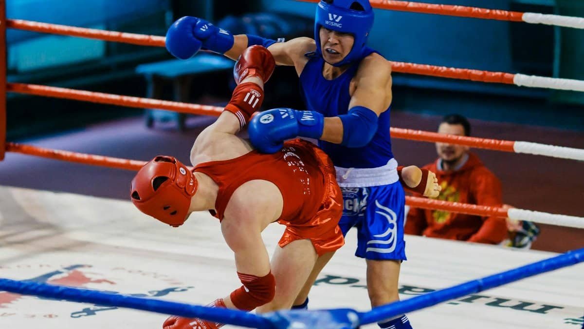 Two martial artists compete fiercely in a boxing ring. Intense action and sportsmanship.