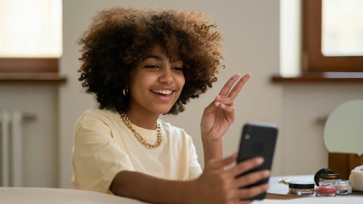 A joyful woman with afro hair takes a selfie indoors, showcasing self-love.