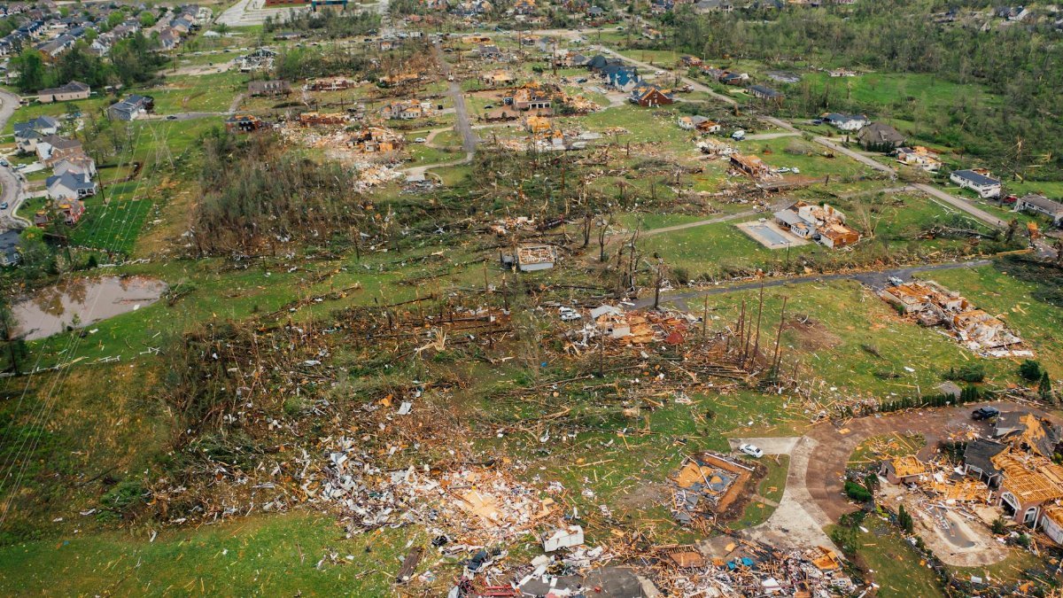 A devastating tornado's impact on a suburban neighborhood captured from above in Chattanooga, TN.