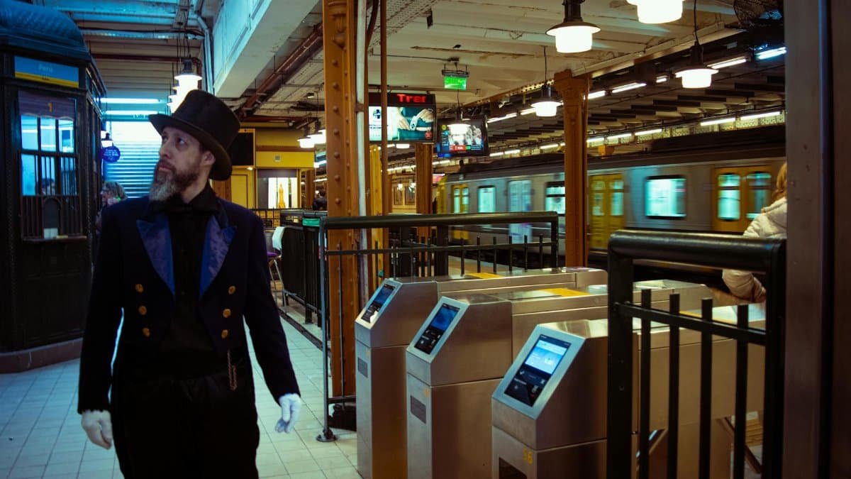Man in vintage attire at Buenos Aires subway entrance with train passing by.