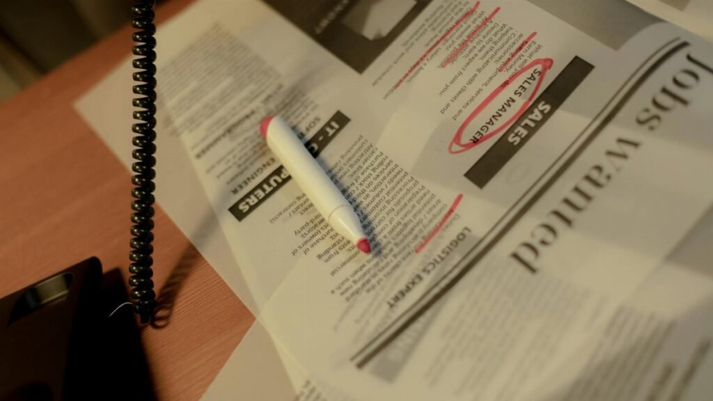 Close-up of a newspaper job section with a red marker and corded phone on a table.