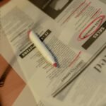 Close-up of a newspaper job section with a red marker and corded phone on a table.