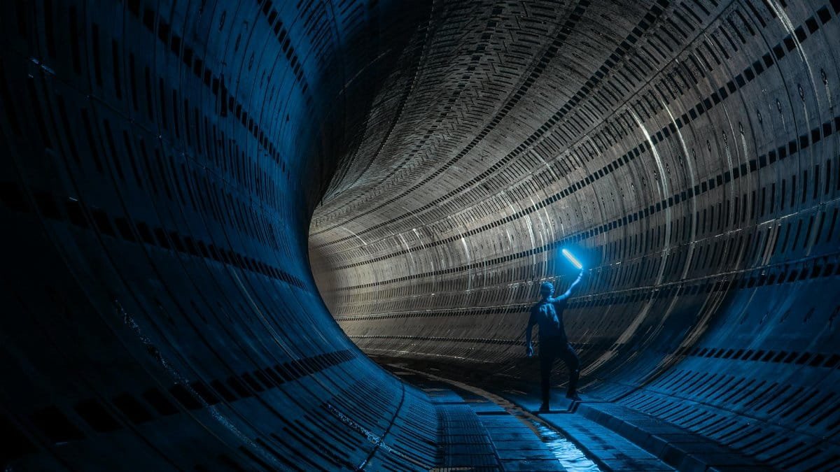 A person holding a light wand inside a dark, futuristic, curved tunnel with blue illumination.