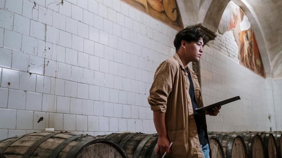 An expert inspecting wooden fermentation barrels in a brewery indoors, with a checklist in hand.