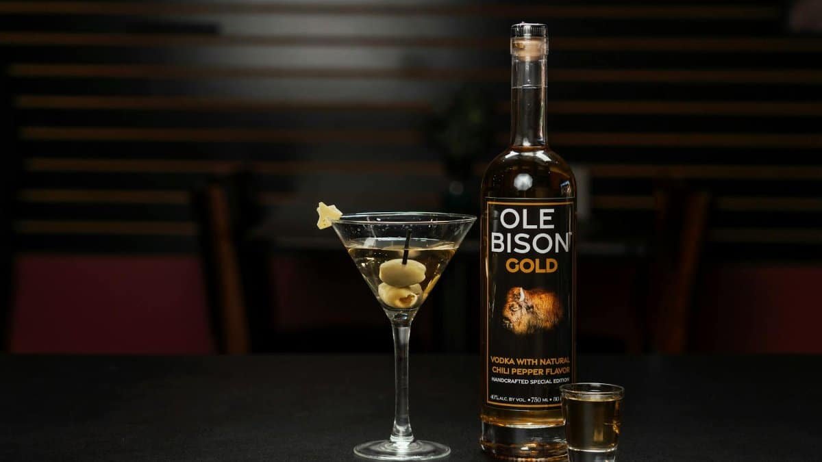 Sophisticated bar presentation with Ole Bison Gold Vodka, martini glass, and shot glass on a dark countertop.
