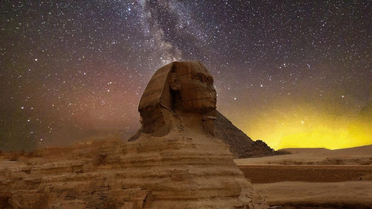 Stunning capture of the Great Sphinx of Giza beneath a star-lit sky with the Milky Way.