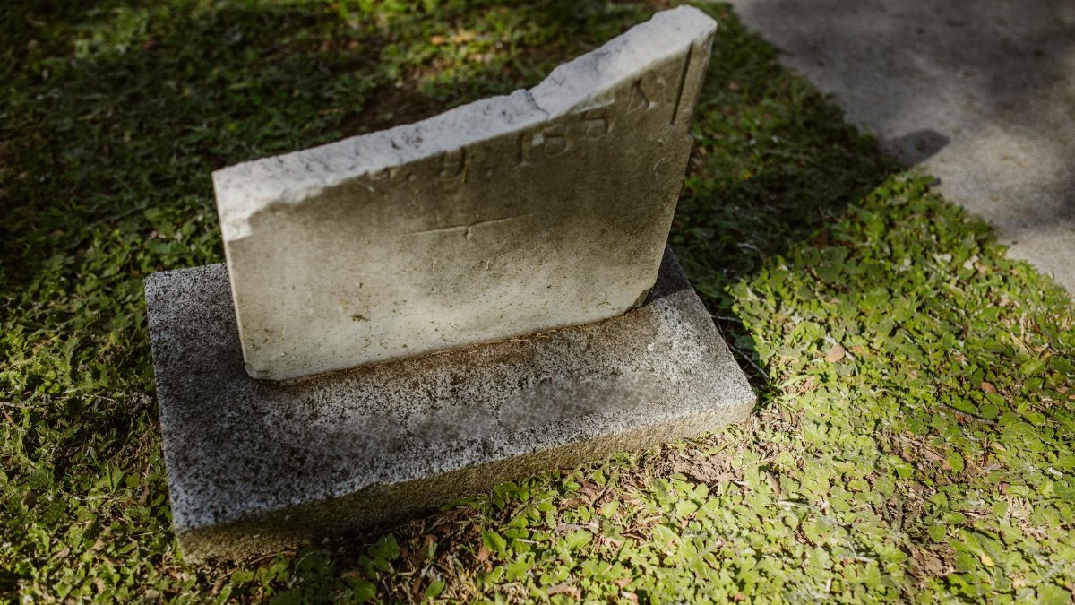A weathered, broken tombstone in a sunlit cemetery with overgrown grass.