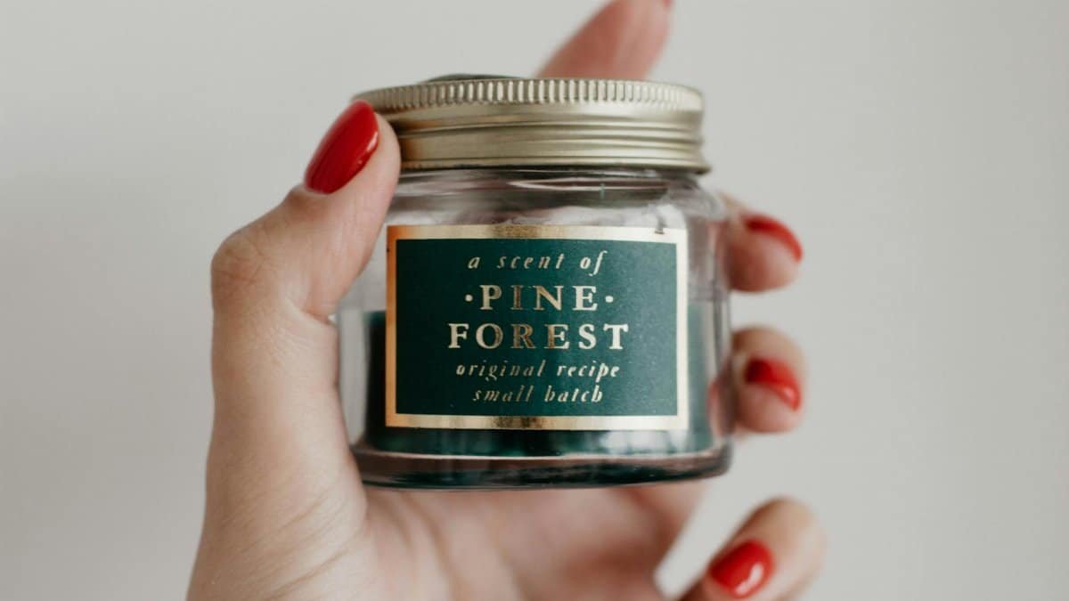 A stylish close-up of a hand holding a pine forest scented candle in a retro jar.