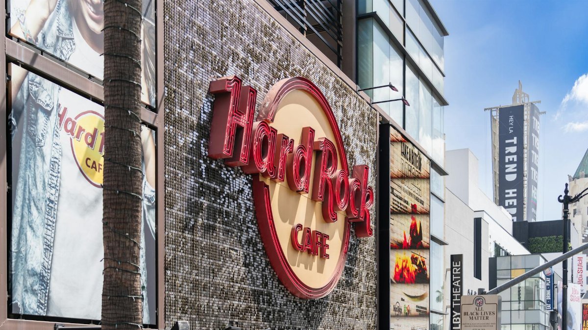 Exterior view of the iconic Hard Rock Cafe on Hollywood Boulevard, showcasing its vibrant signage.