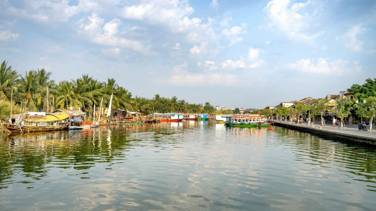 Scenic landscape of calm Thu Bon River with moored colorful boats flowing between lush palm trees and residential cottages in Hoi An on sunny day