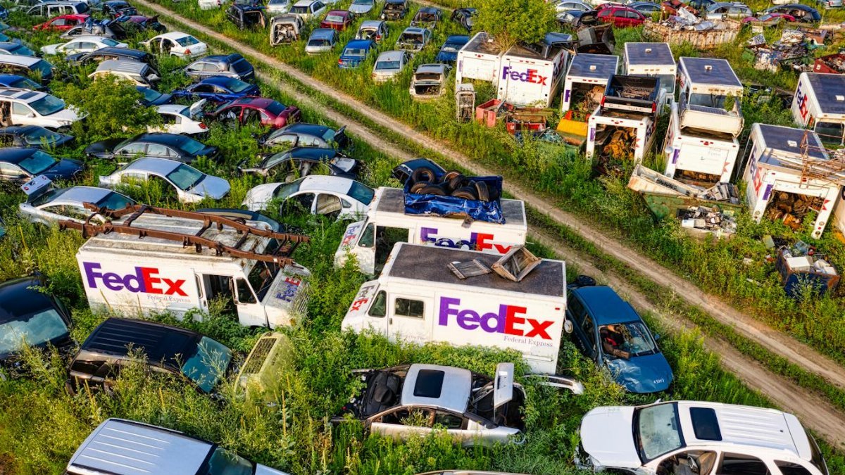 Aerial shot of multiple abandoned FedEx trucks and vehicles on a rural dirt road in Saint Charles, MN.